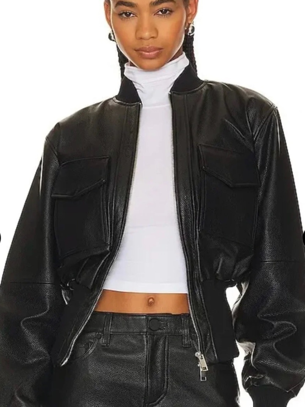 GRLFRND Black Cropped Leather Bomber Jacket - Women